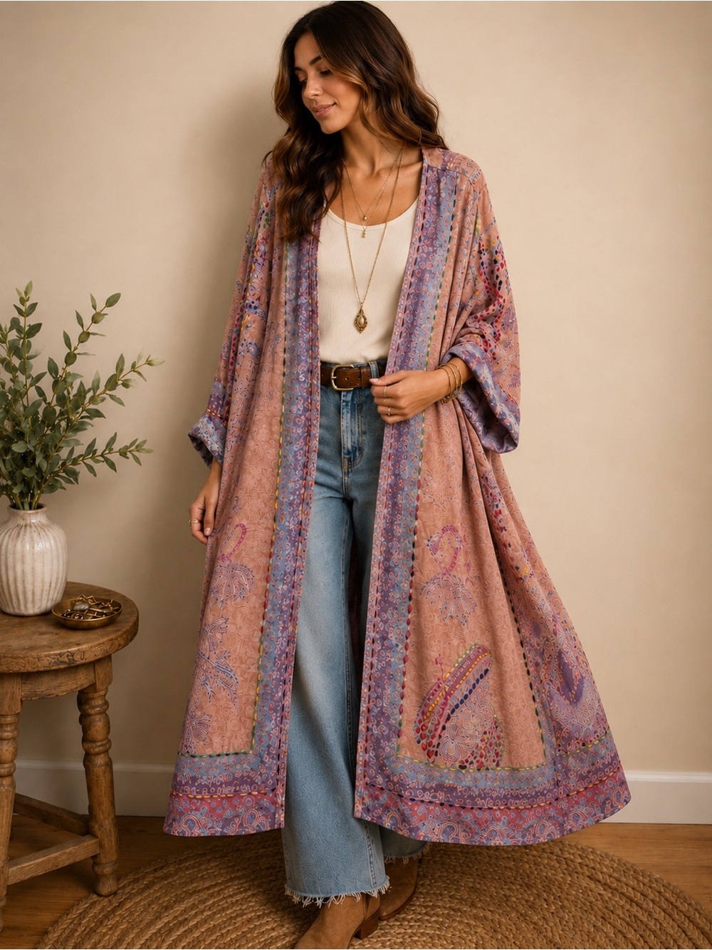 Raj Paisley Kimono Duster — Mauve & Lavender